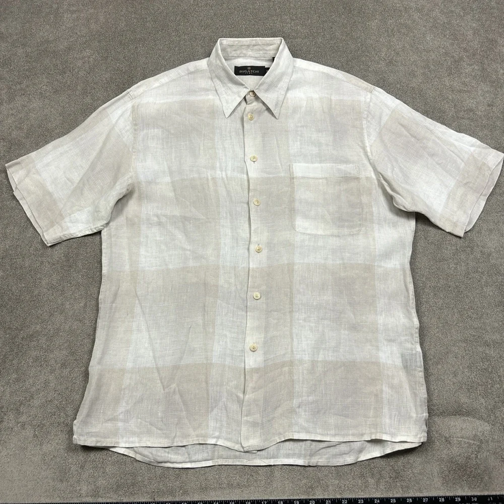 Bugatchi Uomo 100% Linen Shirt Mens M Beige Plaid Short Sleeve Button Up
